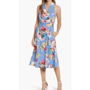 Eliza J Rose Floral Print Linen Blend Collared Sleeveless Midi Dress Sz 8